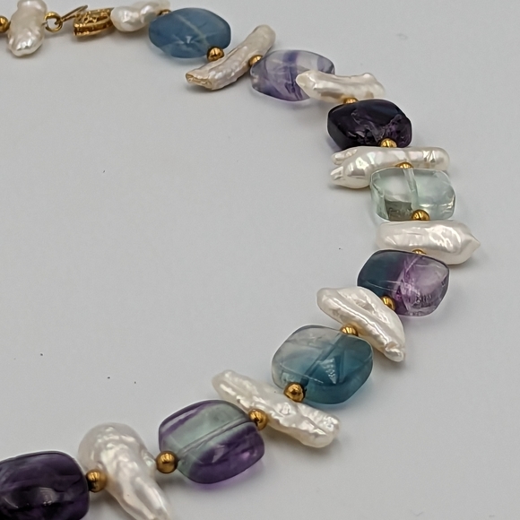 14K Gold Bead Keshi Pearl Fluorite Amethyst 14K Gold Clasp Collar Necklace 16" - Picture 2 of 13